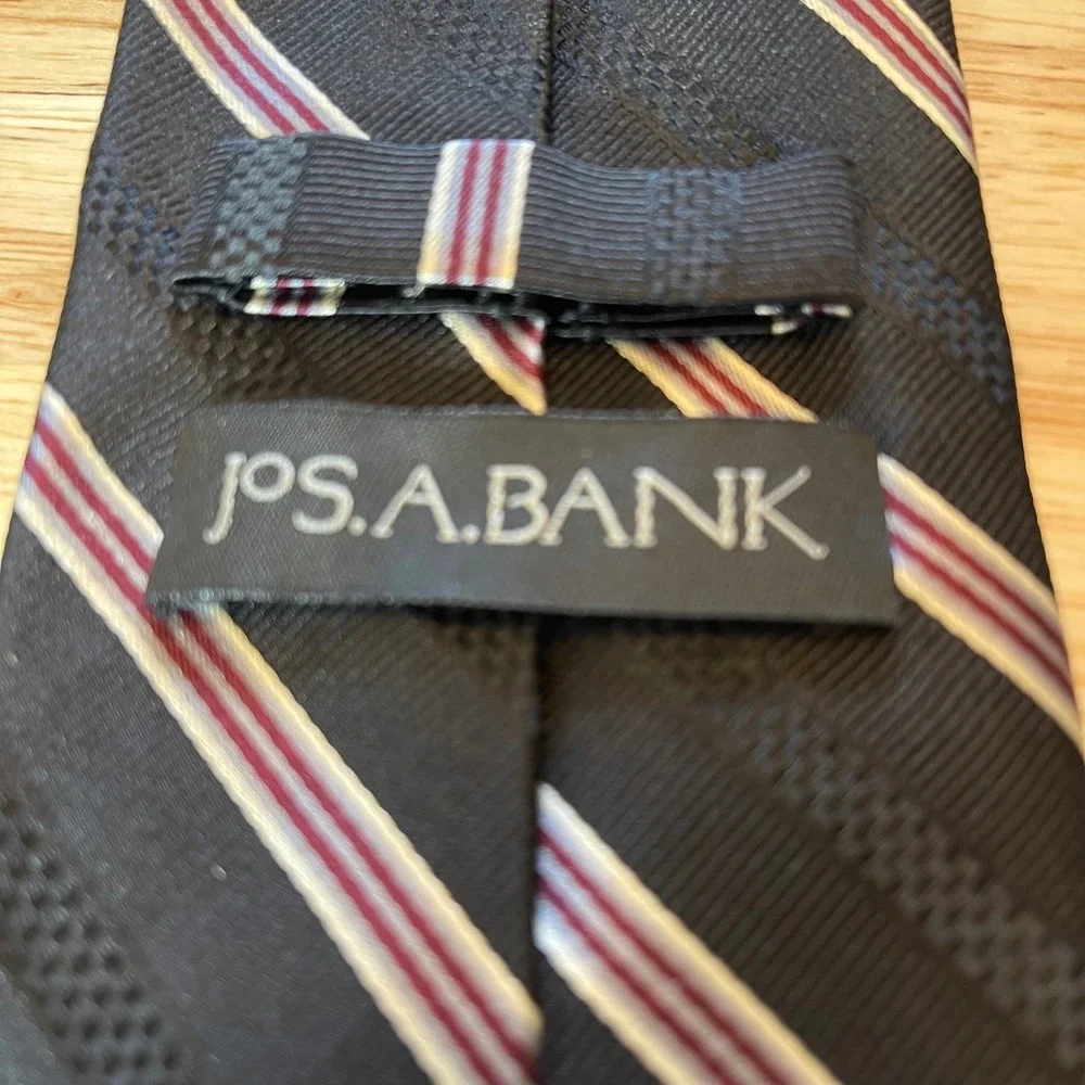 Jos‎ A Bank Mens Silk Tie Black Burgundy White Stripe Business Formal